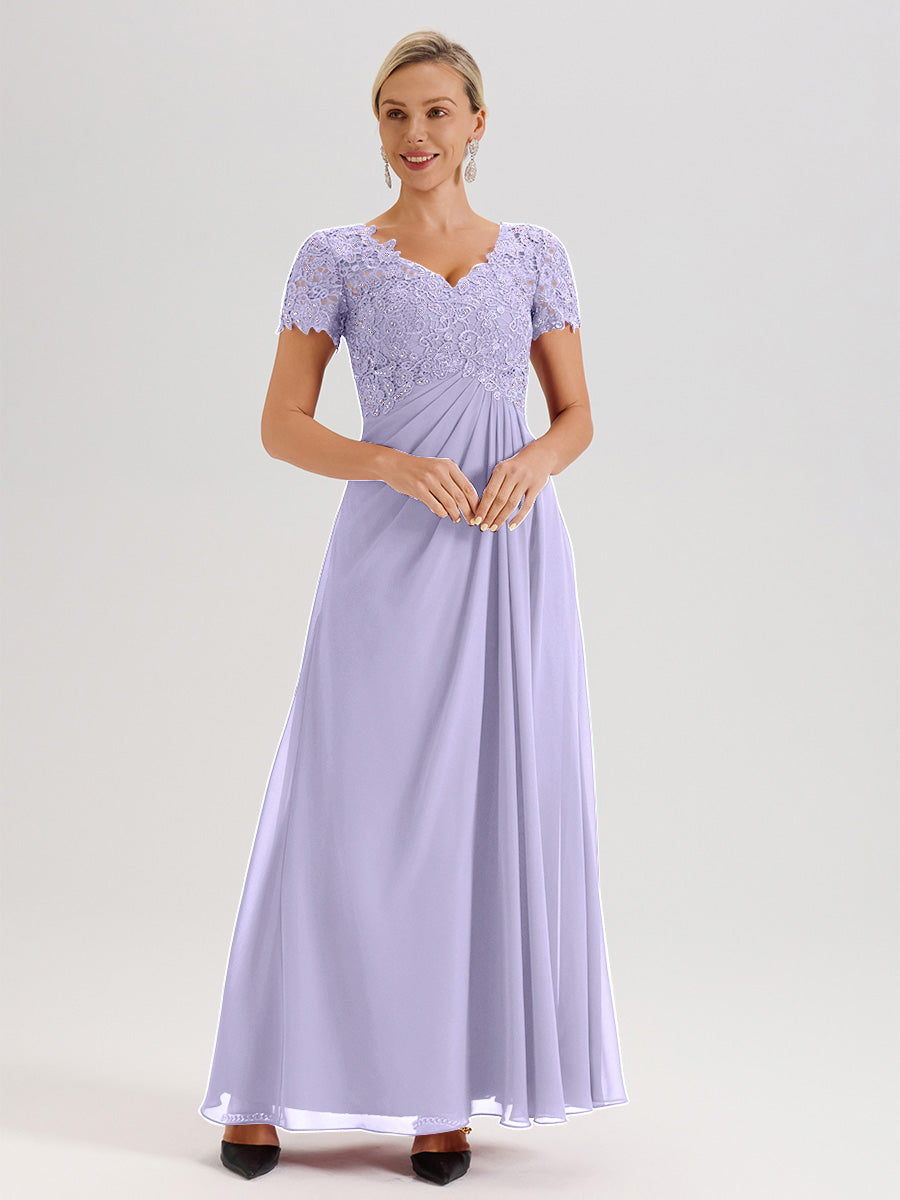 Cicinia Tenue Mère De La Mariée Très Chic Lilas Dentelle Et Mousseline Avec Mancherons Col V Fluide Trapèze
