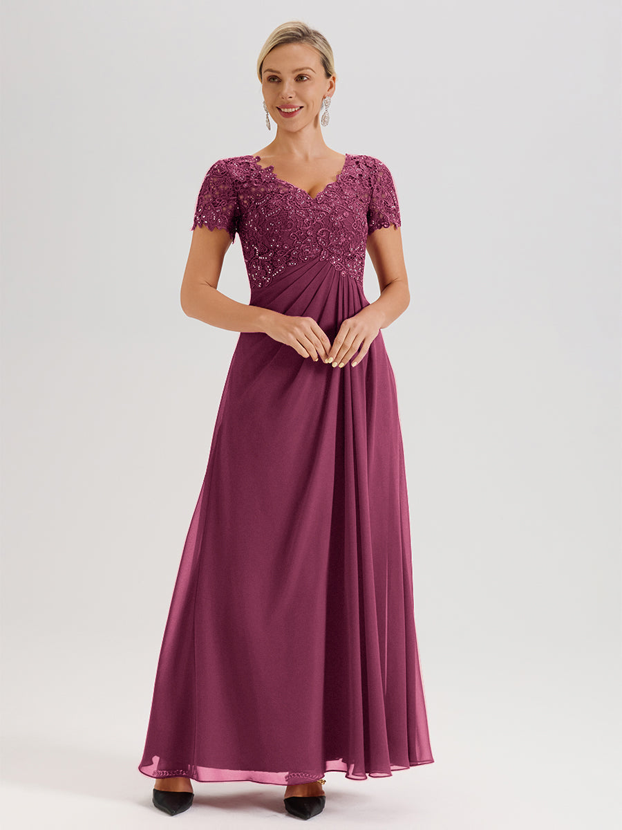 Cicinia Tenue Mère De La Mariée Très Chic Mûre Dentelle Et Mousseline Avec Mancherons Col V Fluide Trapèze