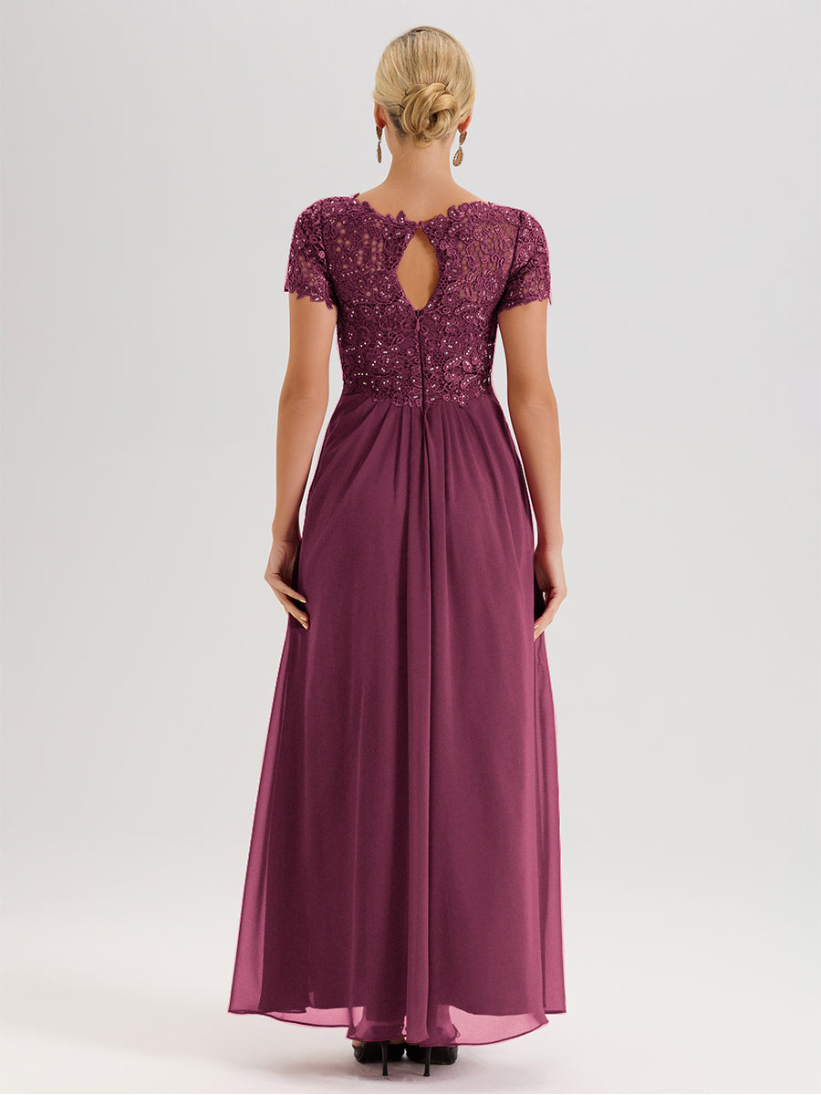Cicinia Tenue Mère De La Mariée Très Chic Mûre Dentelle Et Mousseline Avec Mancherons Col V Fluide Trapèze
