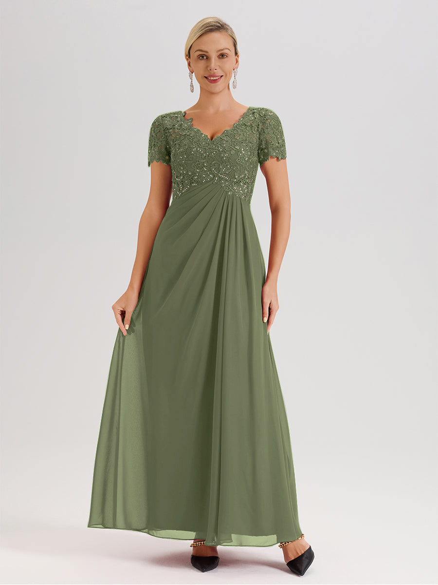 Cicinia Tenue Mère De La Mariée Très Chic Olive Dentelle Et Mousseline Avec Mancherons Col V Fluide Trapèze
