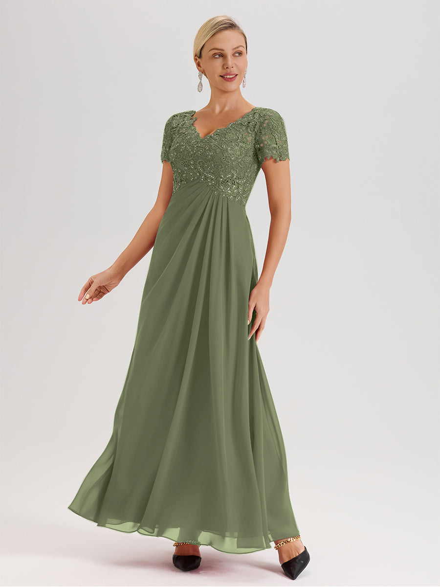 Cicinia Tenue Mère De La Mariée Très Chic Olive Dentelle Et Mousseline Avec Mancherons Col V Fluide Trapèze