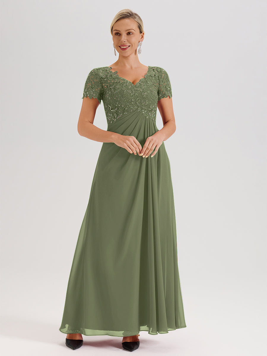 Cicinia Tenue Mère De La Mariée Très Chic Olive Dentelle Et Mousseline Avec Mancherons Col V Fluide Trapèze
