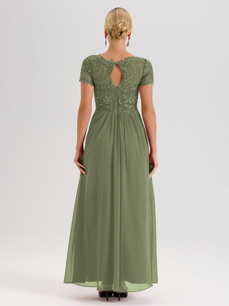 Cicinia Tenue Mère De La Mariée Très Chic Olive Dentelle Et Mousseline Avec Mancherons Col V Fluide Trapèze
