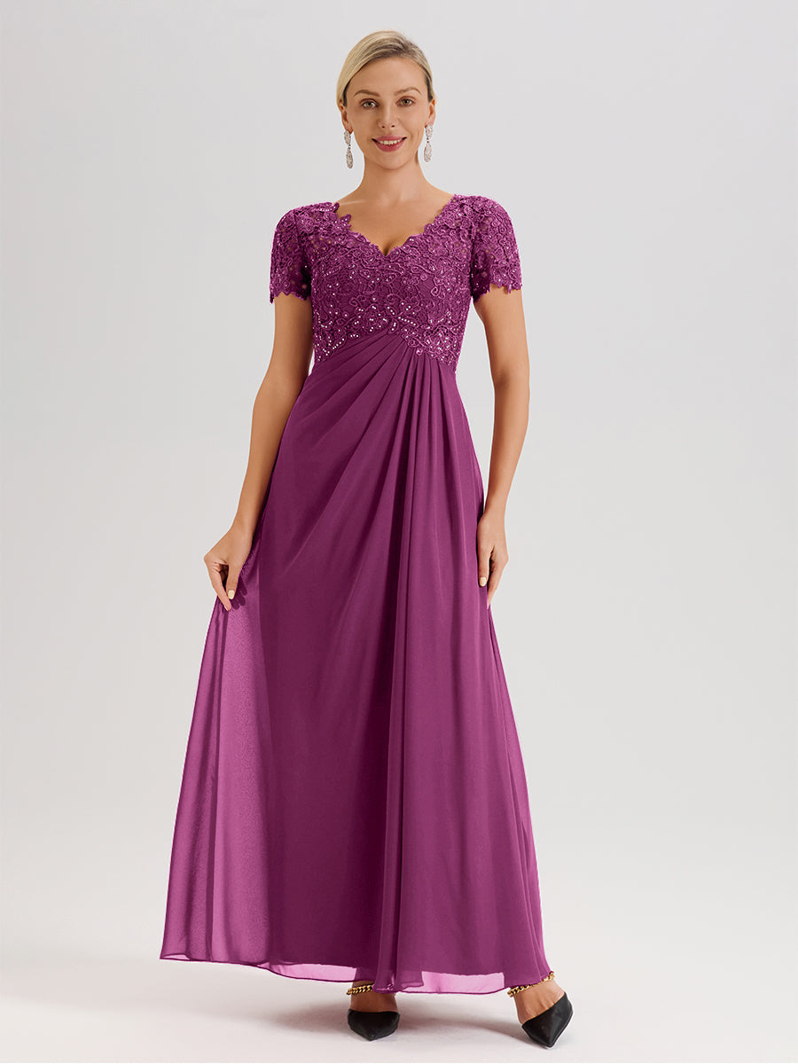 Cicinia Tenue Mère De La Mariée Très Chic Orchidée Dentelle Et Mousseline Avec Mancherons Col V Fluide Trapèze
