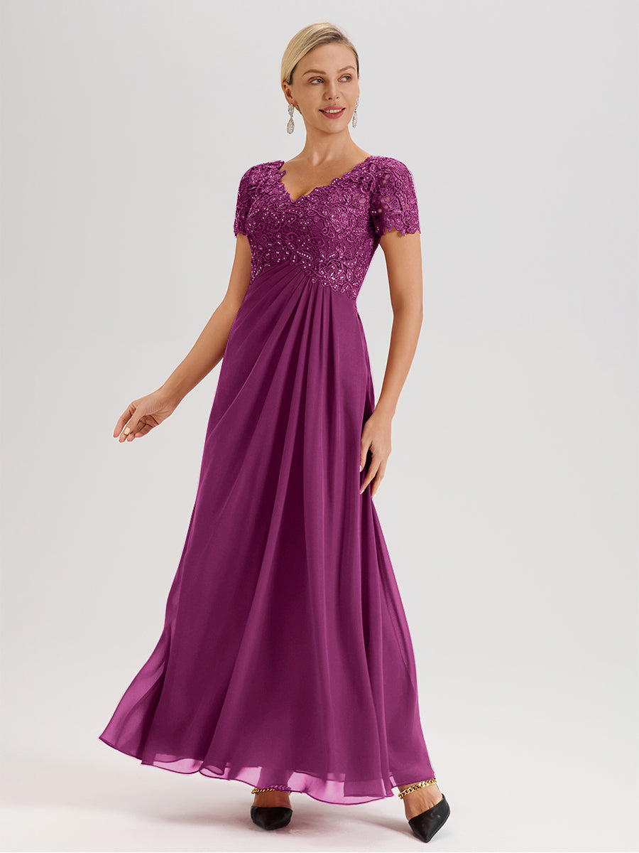Cicinia Tenue Mère De La Mariée Très Chic Orchidée Dentelle Et Mousseline Avec Mancherons Col V Fluide Trapèze