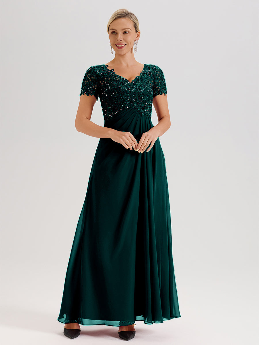 Cicinia Tenue Mère De La Mariée Très Chic Couleur Paon Dentelle Et Mousseline Avec Mancherons Col V Fluide Trapèze
