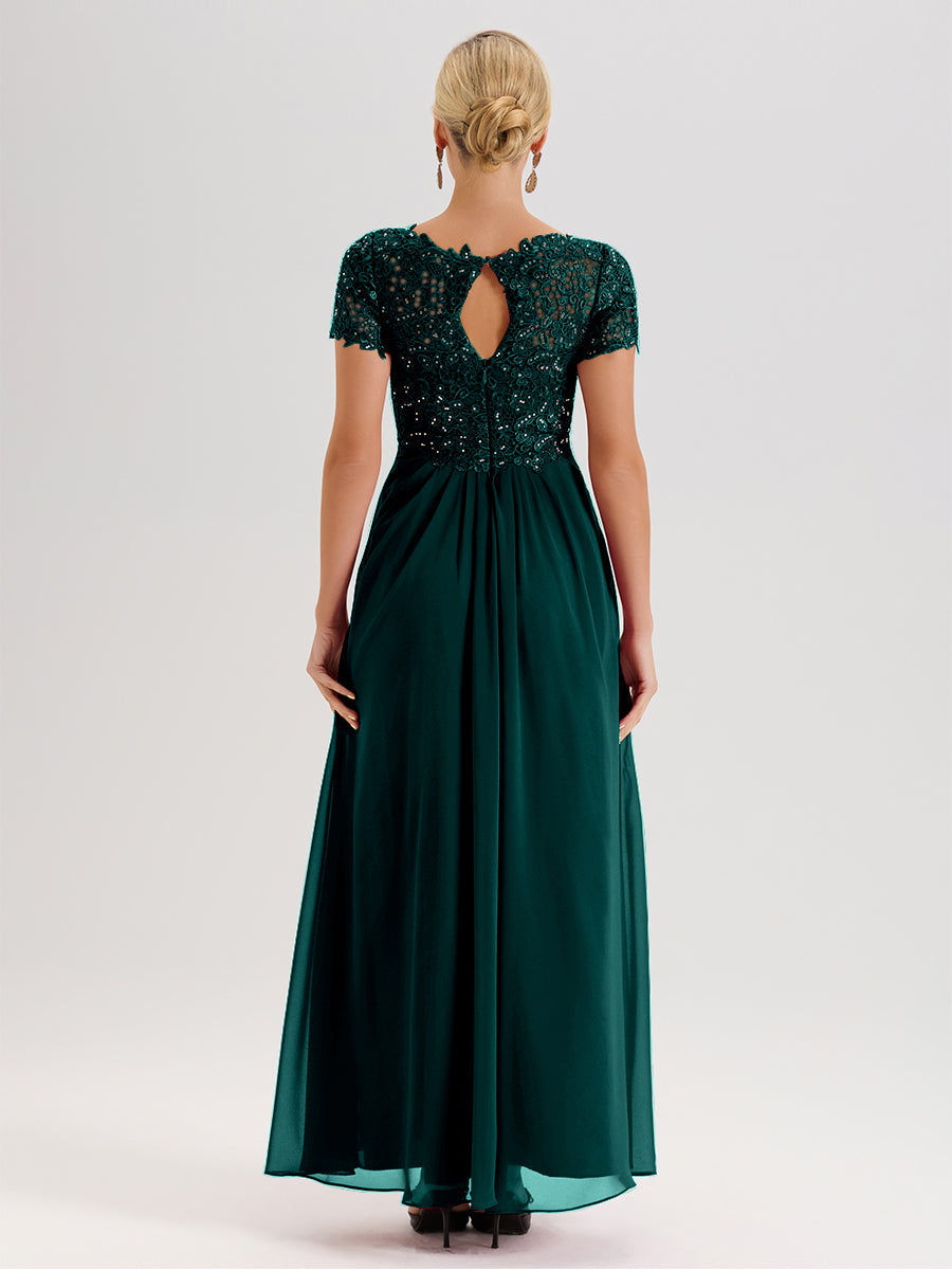 Cicinia Tenue Mère De La Mariée Très Chic Couleur Paon Dentelle Et Mousseline Avec Mancherons Col V Fluide Trapèze