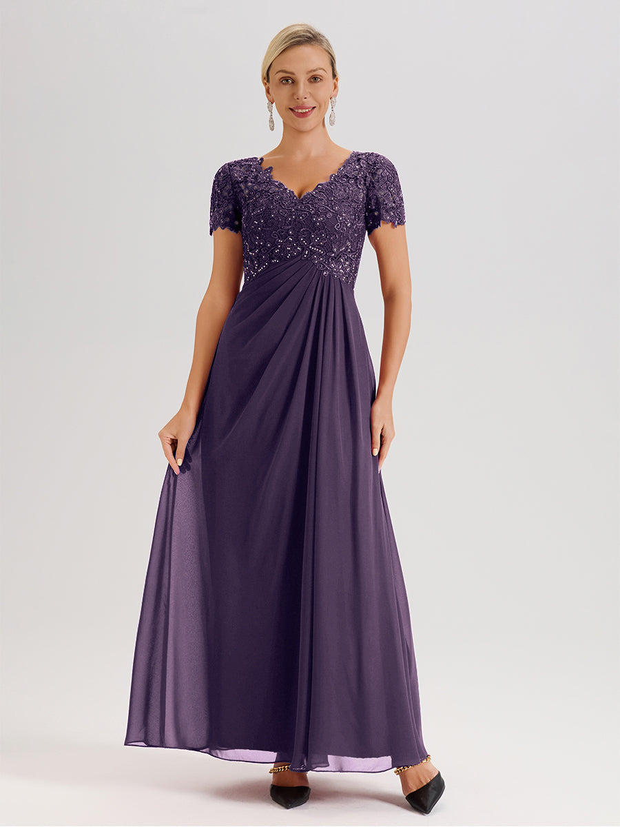 Cicinia Tenue Mère De La Mariée Très Chic En Plum Dentelle Et Mousseline Avec Mancherons Col V Fluide Trapèze