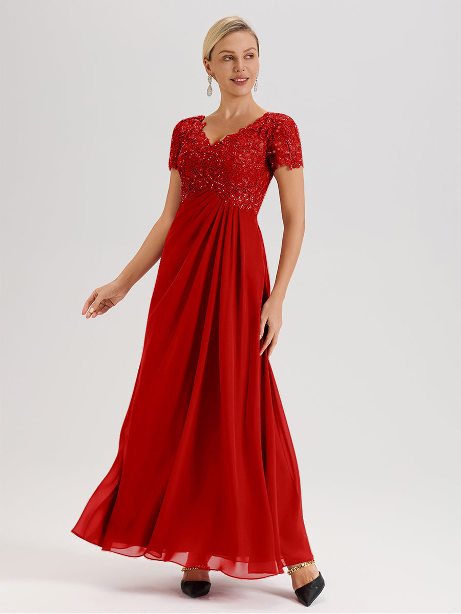 Cicinia Tenue Mère De La Mariée Très Chic Rouge Dentelle Et Mousseline Avec Mancherons Col V Fluide Trapèze