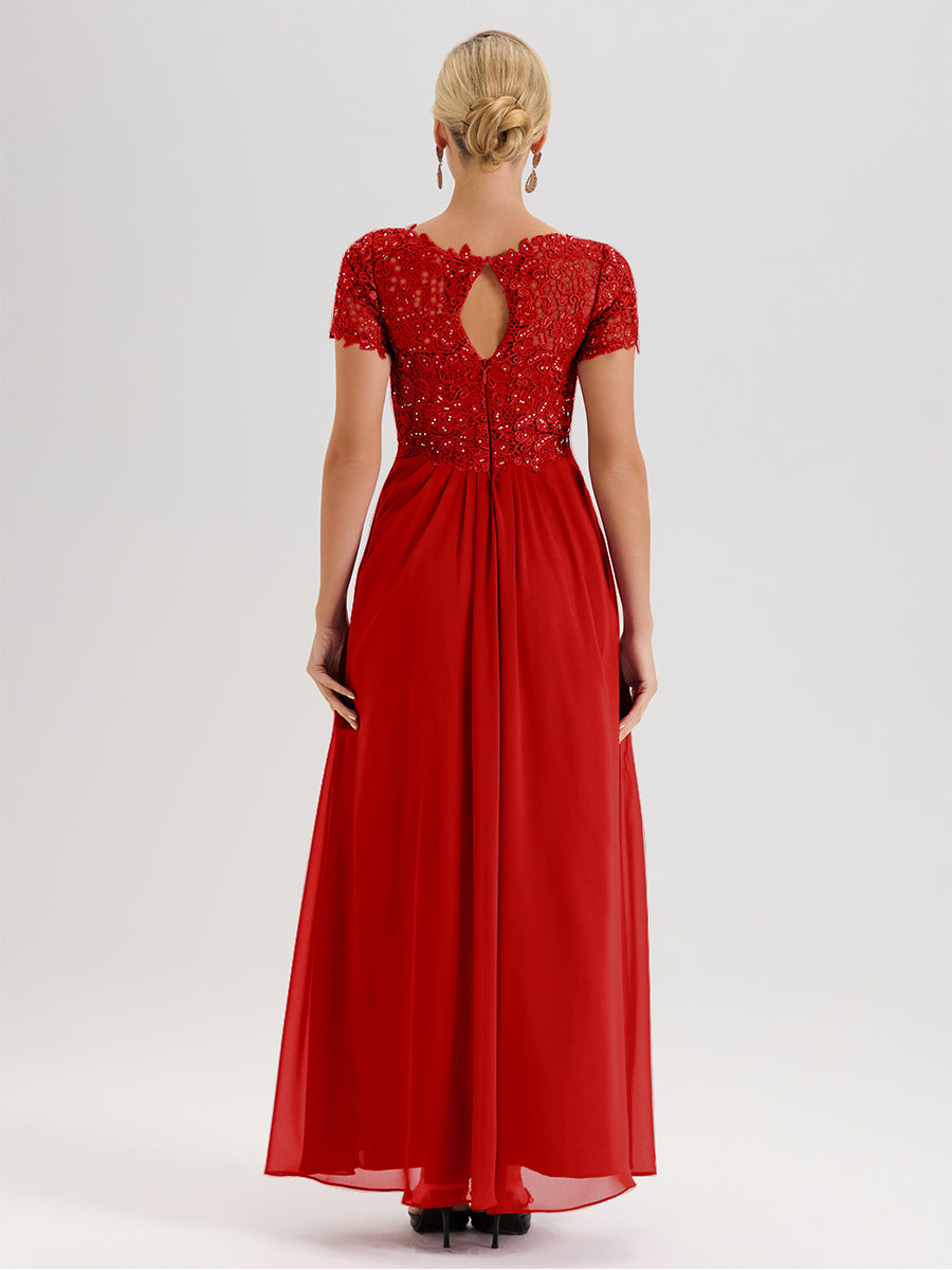 Cicinia Tenue Mère De La Mariée Très Chic Rouge Dentelle Et Mousseline Avec Mancherons Col V Fluide Trapèze