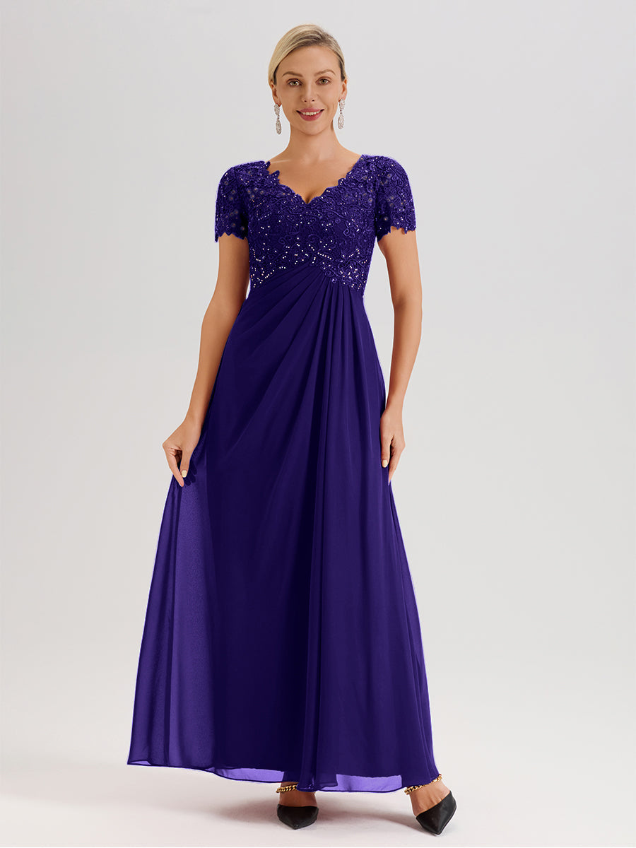 Cicinia Tenue Mère De La Mariée Très Chic En Régence Dentelle Et Mousseline Avec Mancherons Col V Fluide Trapèze