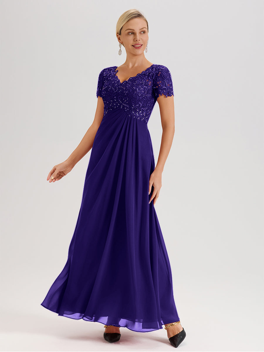 Cicinia Tenue Mère De La Mariée Très Chic En Régence Dentelle Et Mousseline Avec Mancherons Col V Fluide Trapèze