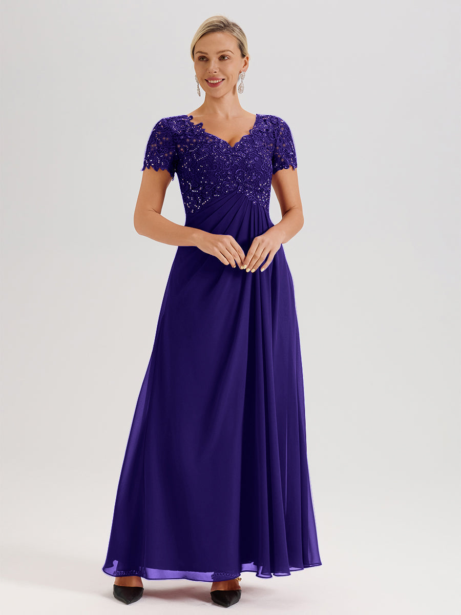 Cicinia Tenue Mère De La Mariée Très Chic En Régence Dentelle Et Mousseline Avec Mancherons Col V Fluide Trapèze