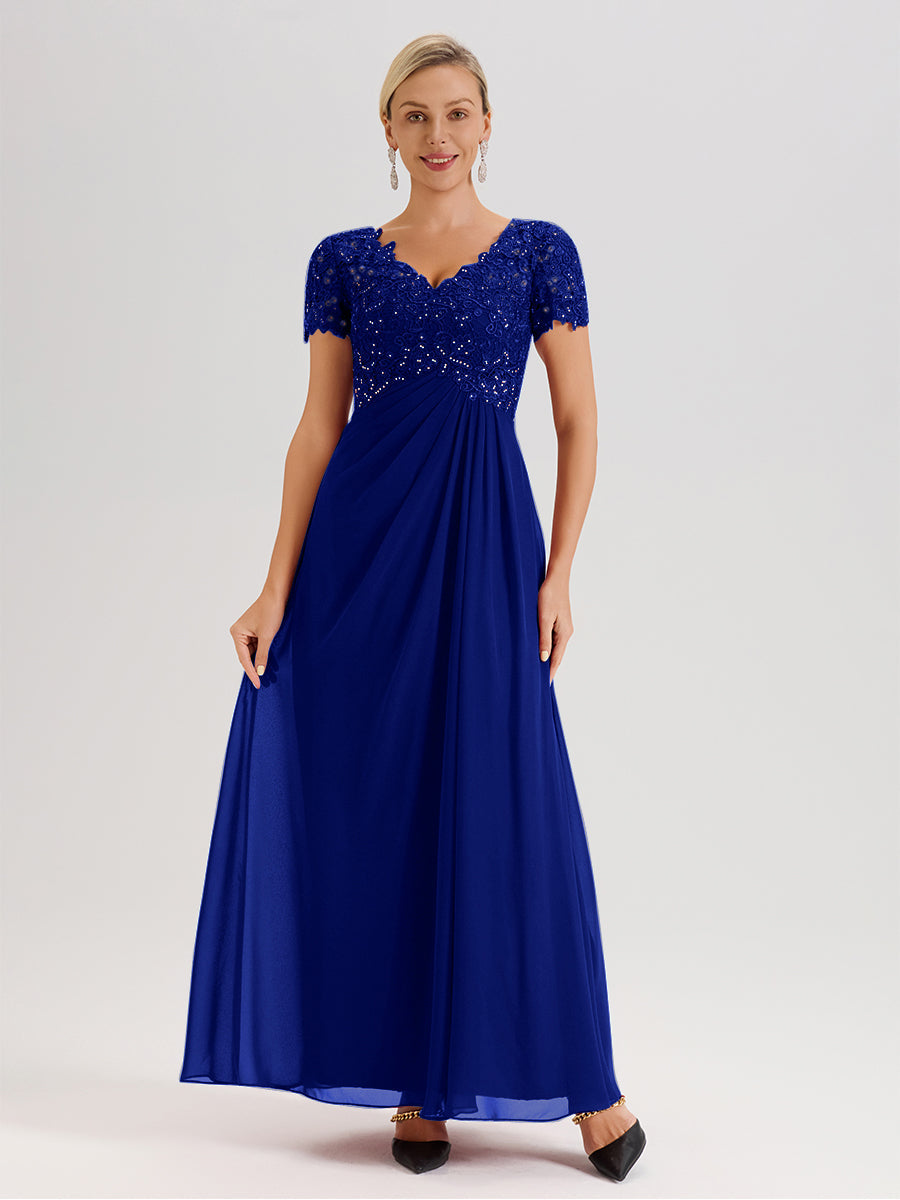Cicinia Tenue Mère De La Mariée Très Chic Bleu Royal Dentelle Et Mousseline Avec Mancherons Col V Fluide Trapèze
