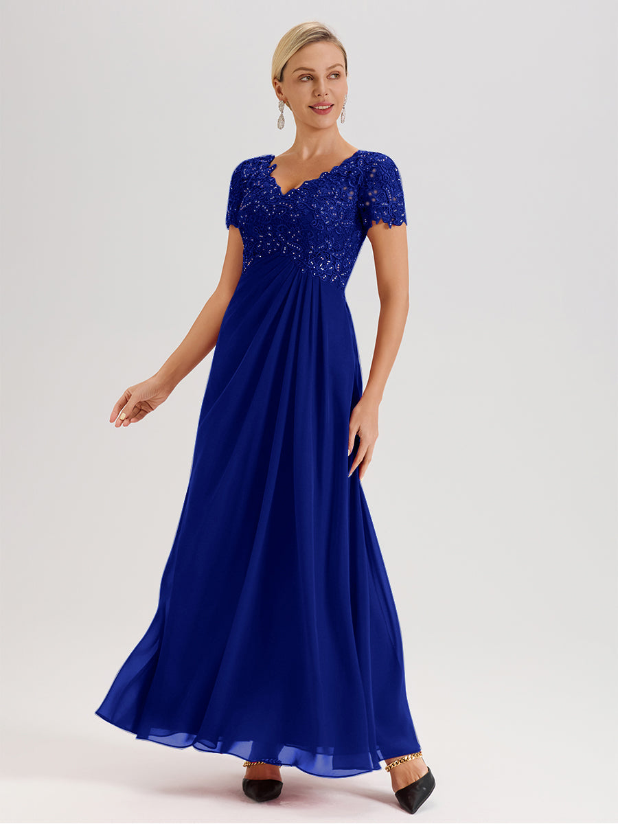 Cicinia Tenue Mère De La Mariée Très Chic Bleu Royal Dentelle Et Mousseline Avec Mancherons Col V Fluide Trapèze