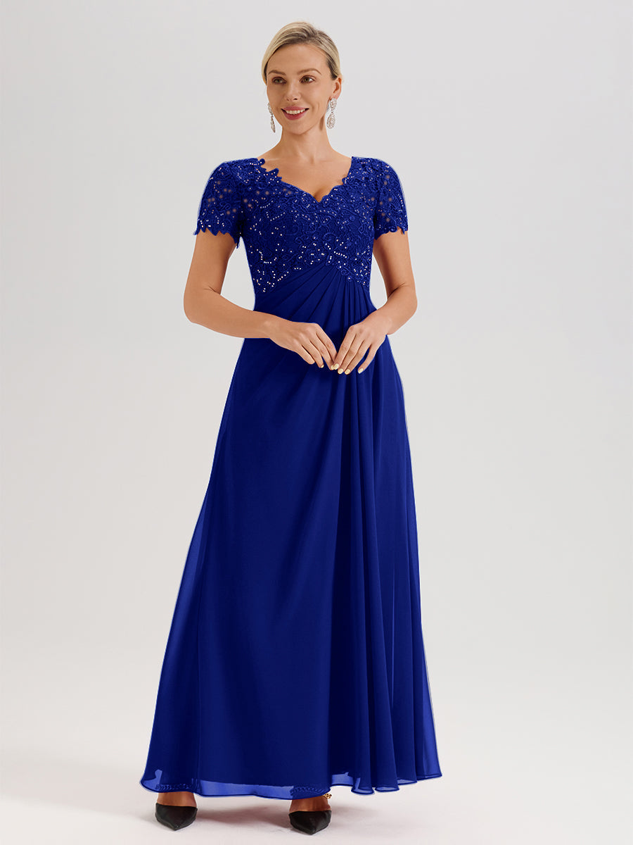Cicinia Tenue Mère De La Mariée Très Chic Bleu Royal Dentelle Et Mousseline Avec Mancherons Col V Fluide Trapèze