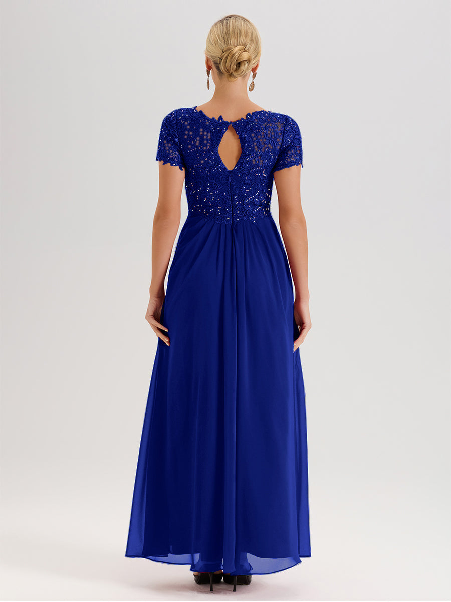 Cicinia Tenue Mère De La Mariée Très Chic Bleu Royal Dentelle Et Mousseline Avec Mancherons Col V Fluide Trapèze