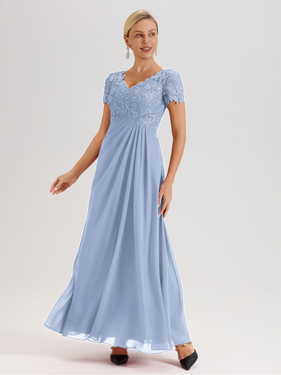 Cicinia Tenue Mère De La Mariée Très Chic Bleu Ciel Dentelle Et Mousseline Avec Mancherons Col V Fluide Trapèze