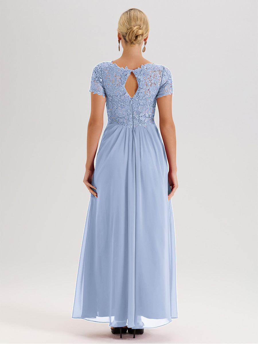 Cicinia Tenue Mère De La Mariée Très Chic Bleu Ciel Dentelle Et Mousseline Avec Mancherons Col V Fluide Trapèze