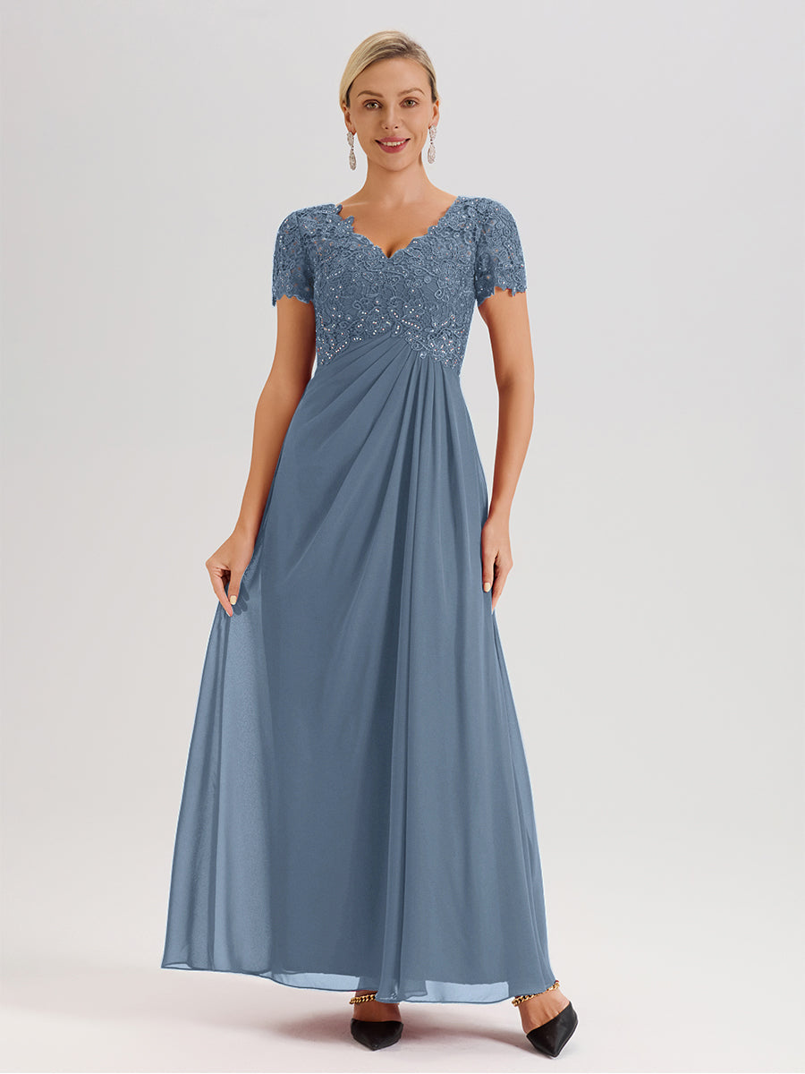 Cicinia Tenue Mère De La Mariée Très Chic Bleu De Schiste Dentelle Et Mousseline Avec Mancherons Col V Fluide Trapèze