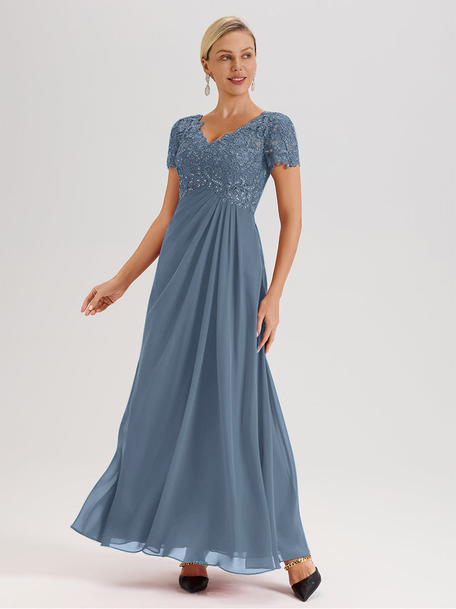 Cicinia Tenue Mère De La Mariée Très Chic Bleu De Schiste Dentelle Et Mousseline Avec Mancherons Col V Fluide Trapèze