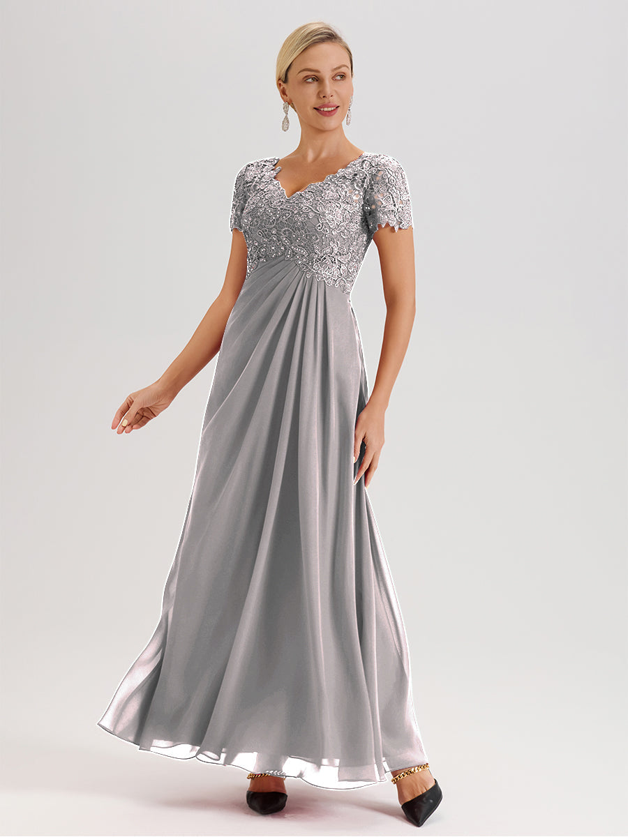 Cicinia Tenue Mère De La Mariée Très Chic Argenté Dentelle Et Mousseline Avec Mancherons Col V Fluide Trapèze