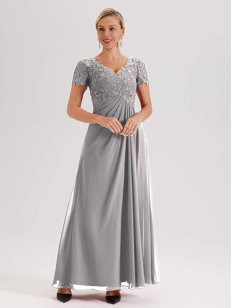 Cicinia Tenue Mère De La Mariée Très Chic Argenté Dentelle Et Mousseline Avec Mancherons Col V Fluide Trapèze