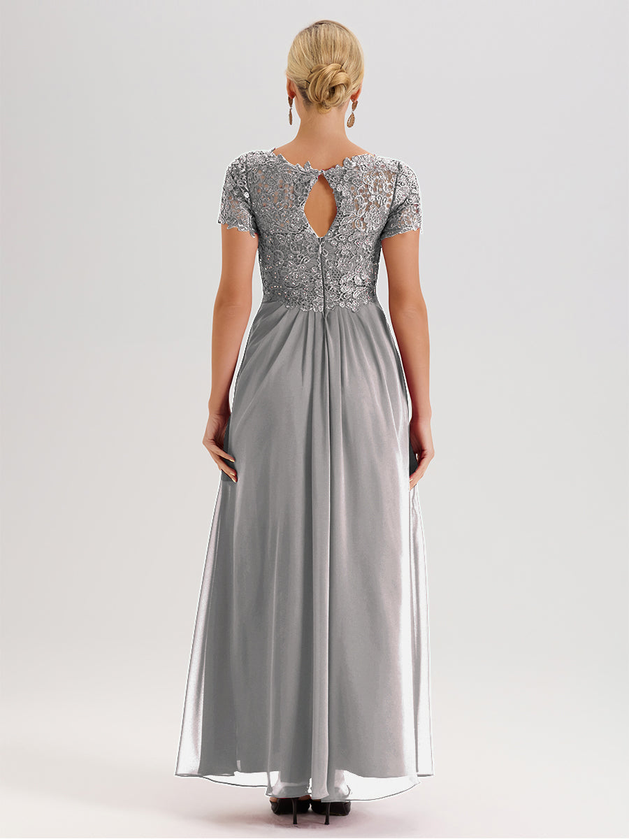 Cicinia Tenue Mère De La Mariée Très Chic Argenté Dentelle Et Mousseline Avec Mancherons Col V Fluide Trapèze