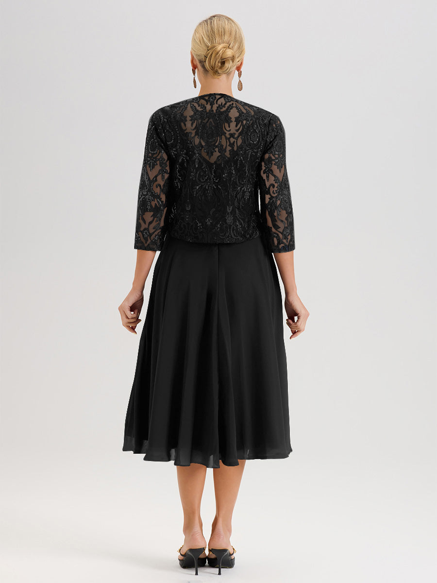 Cicinia Robe Deux-Pièces Mère De La Mariée Noir Trapèze Mousseline Dentelle Col Rond Manche 3/4 Longueur Mi-Mollet