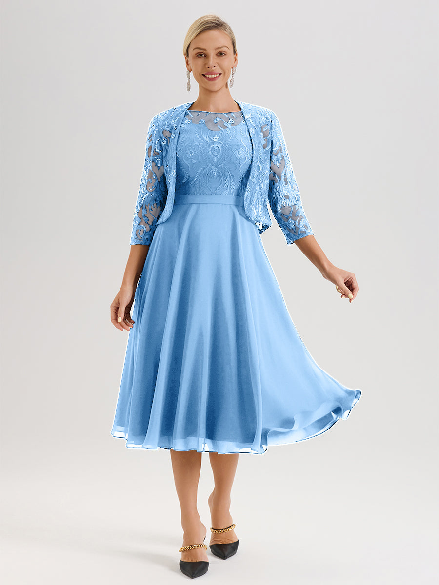 Cicinia Robe Deux-Pièces Mère De La Mariée Bleu Trapèze Mousseline Dentelle Col Rond Manche 3/4 Longueur Mi-Mollet