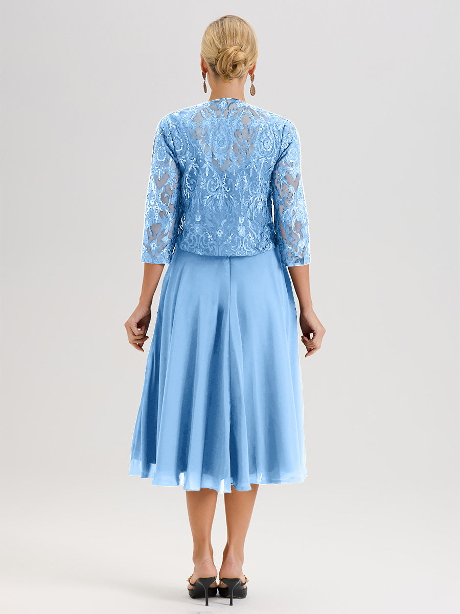 Cicinia Robe Deux-Pièces Mère De La Mariée Bleu Trapèze Mousseline Dentelle Col Rond Manche 3/4 Longueur Mi-Mollet