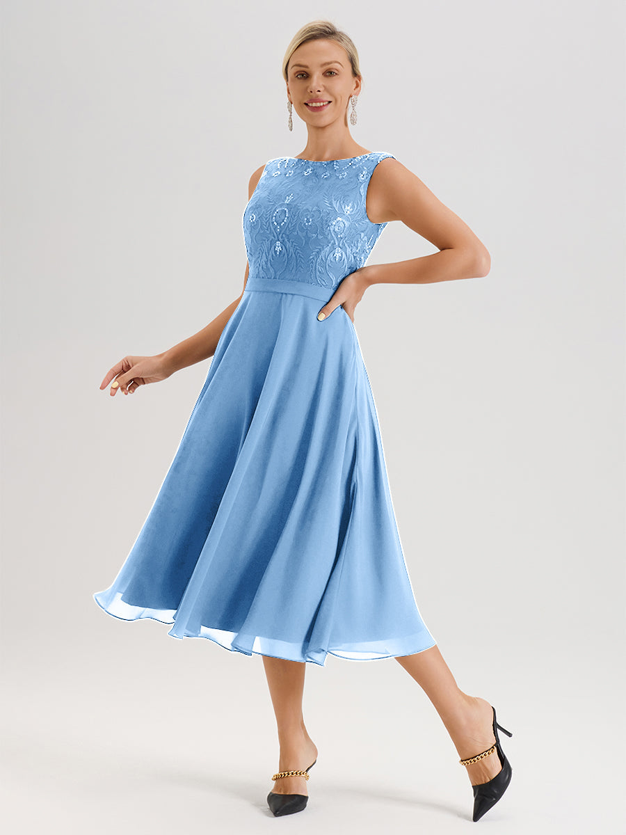 Cicinia Robe Deux-Pièces Mère De La Mariée Bleu Trapèze Mousseline Dentelle Col Rond Manche 3/4 Longueur Mi-Mollet