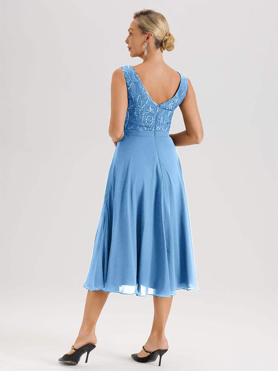 Cicinia Robe Deux-Pièces Mère De La Mariée Bleu Trapèze Mousseline Dentelle Col Rond Manche 3/4 Longueur Mi-Mollet