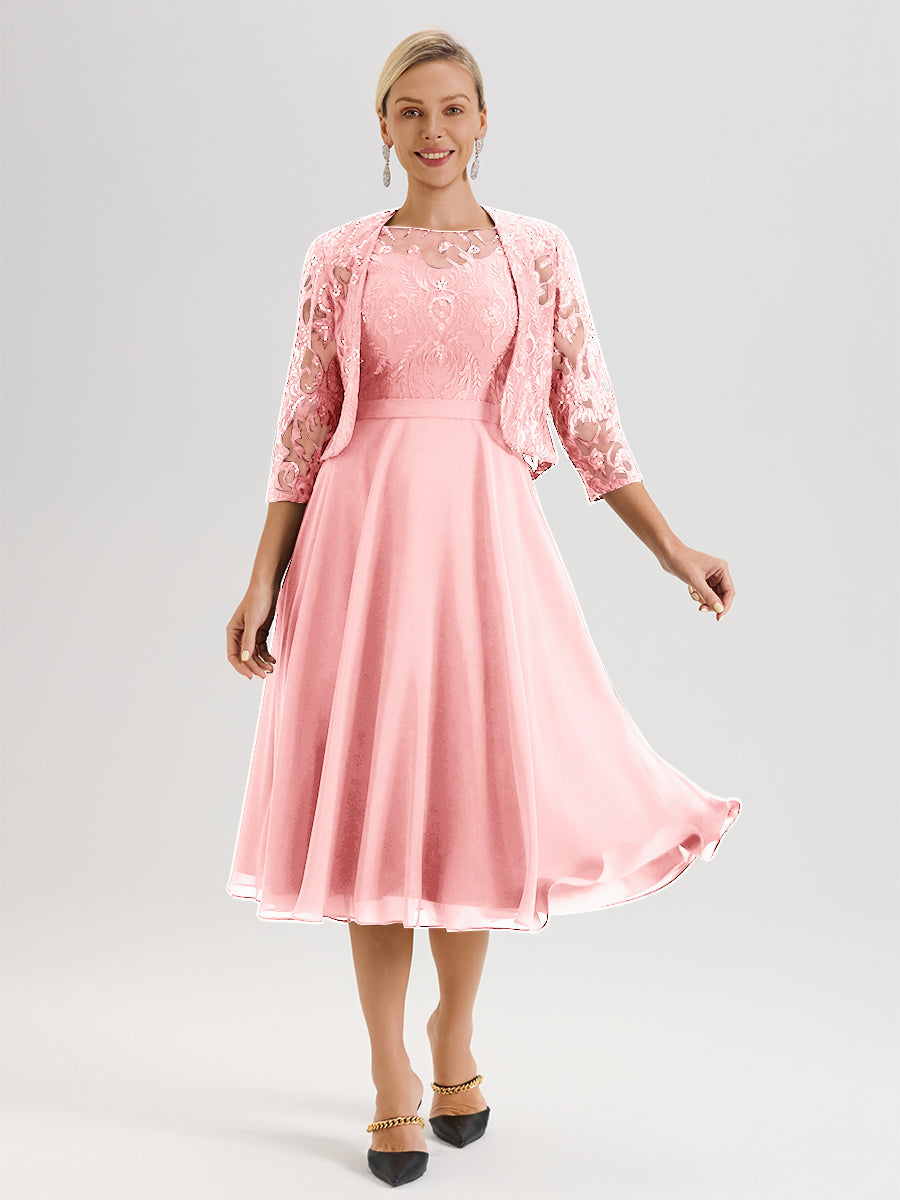 Cicinia Robe Deux-Pièces Mère De La Mariée En Rose Trapèze Mousseline Dentelle Col Rond Manche 3/4 Longueur Mi-Mollet