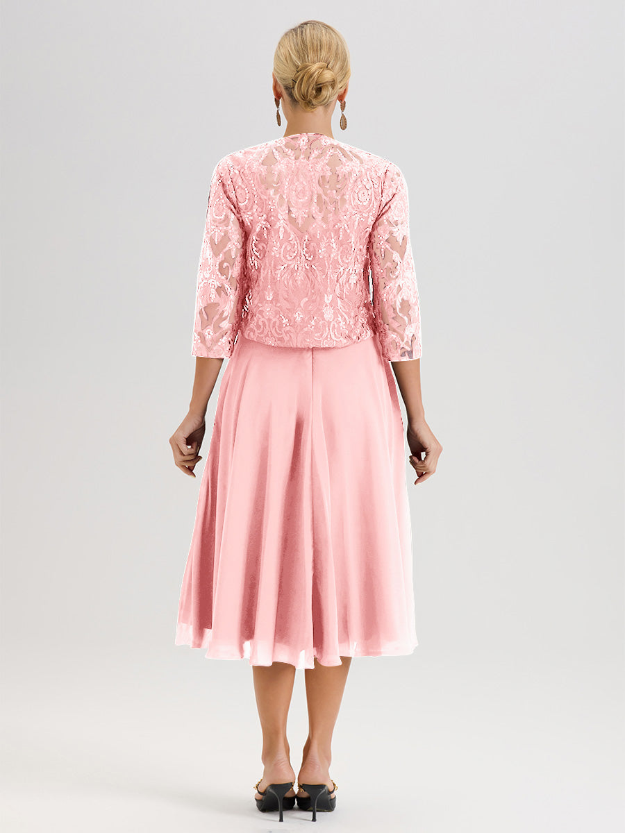 Cicinia Robe Deux-Pièces Mère De La Mariée En Rose Trapèze Mousseline Dentelle Col Rond Manche 3/4 Longueur Mi-Mollet