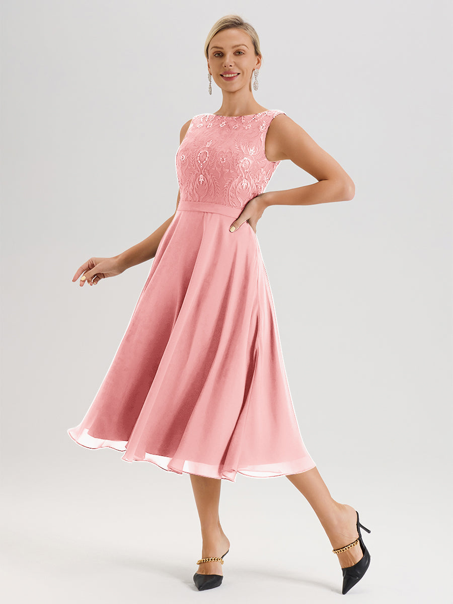 Cicinia Robe Deux-Pièces Mère De La Mariée En Rose Trapèze Mousseline Dentelle Col Rond Manche 3/4 Longueur Mi-Mollet