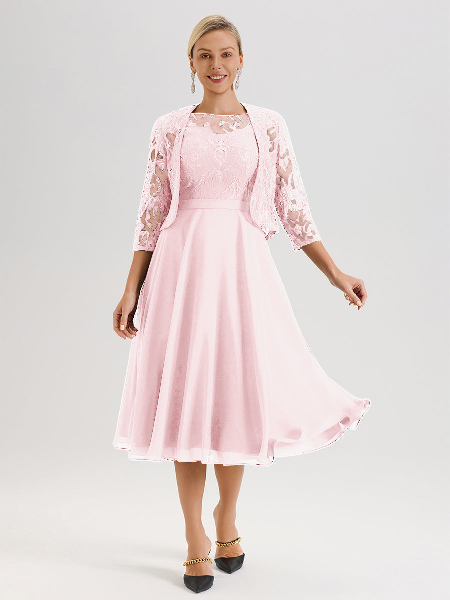 Cicinia Robe Deux-Pièces Mère De La Mariée Rose Pale Trapèze Mousseline Dentelle Col Rond Manche 3/4 Longueur Mi-Mollet