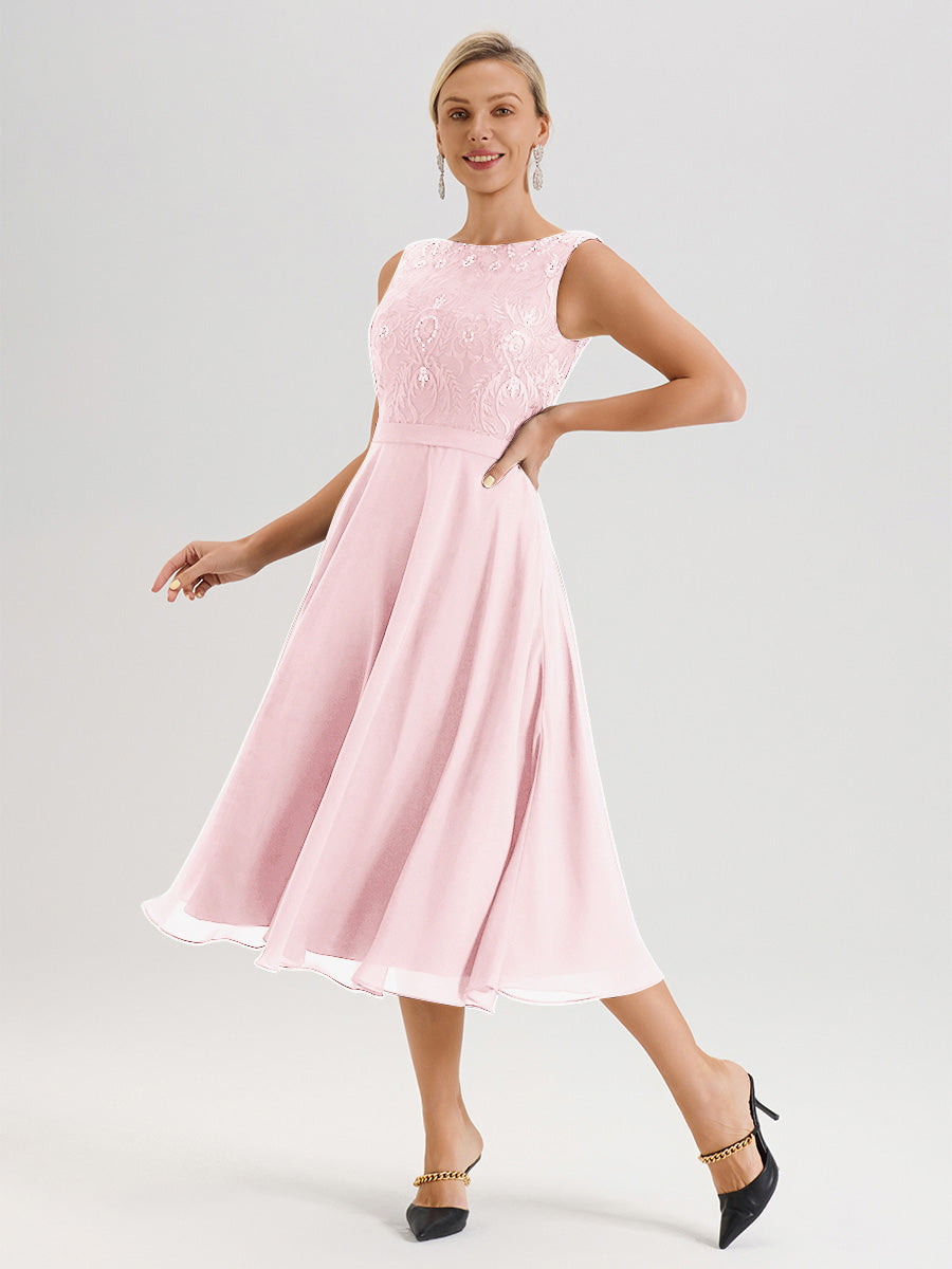 Cicinia Robe Deux-Pièces Mère De La Mariée Rose Pale Trapèze Mousseline Dentelle Col Rond Manche 3/4 Longueur Mi-Mollet