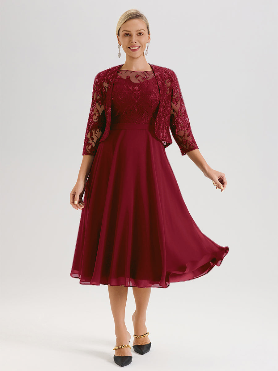 Cicinia Robe Deux-Pièces Mère De La Mariée Rouge Bordeaux Trapèze Mousseline Dentelle Col Rond Manche 3/4 Longueur Mi-Mollet