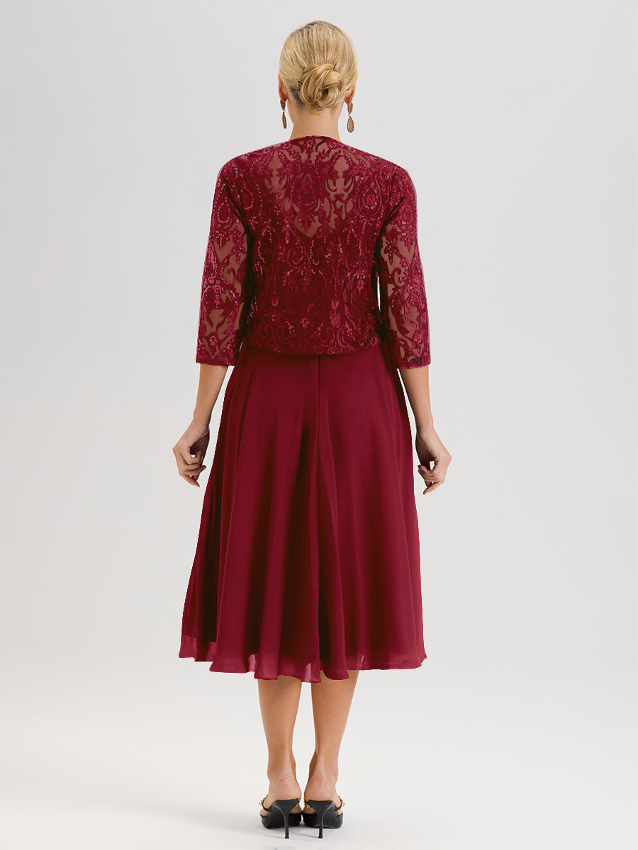 Cicinia Robe Deux-Pièces Mère De La Mariée Rouge Bordeaux Trapèze Mousseline Dentelle Col Rond Manche 3/4 Longueur Mi-Mollet