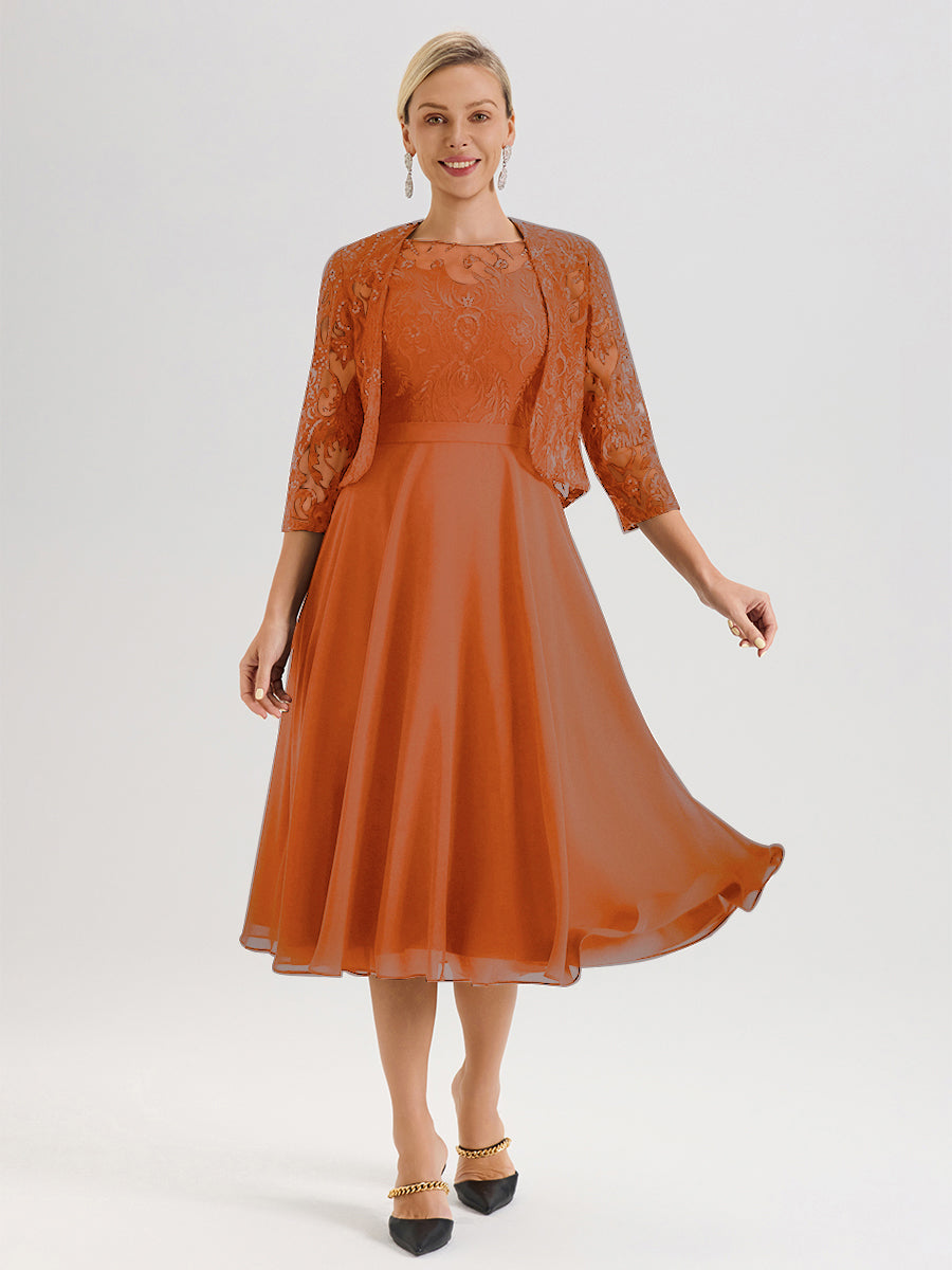 Cicinia Robe Deux-Pièces Mère De La Mariée Orange Foncé Trapèze Mousseline Dentelle Col Rond Manche 3/4 Longueur Mi-Mollet
