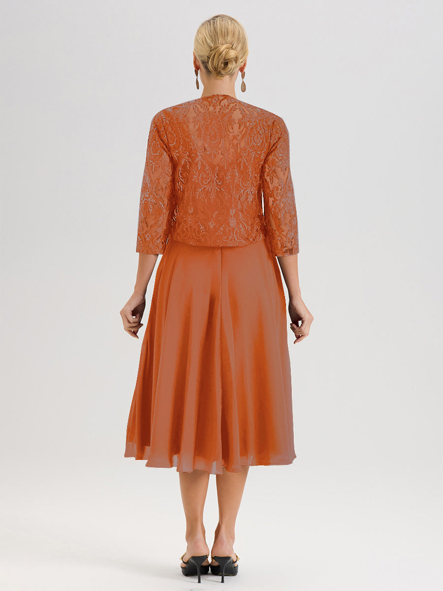 Cicinia Robe Deux-Pièces Mère De La Mariée Orange Foncé Trapèze Mousseline Dentelle Col Rond Manche 3/4 Longueur Mi-Mollet