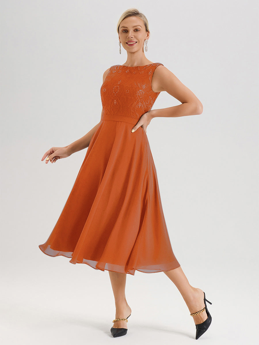 Cicinia Robe Deux-Pièces Mère De La Mariée Orange Foncé Trapèze Mousseline Dentelle Col Rond Manche 3/4 Longueur Mi-Mollet