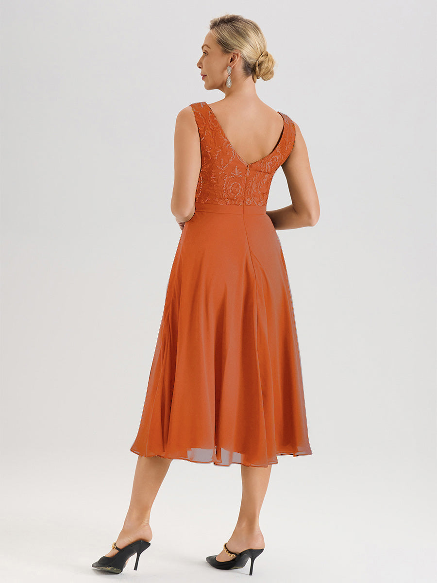 Cicinia Robe Deux-Pièces Mère De La Mariée Orange Foncé Trapèze Mousseline Dentelle Col Rond Manche 3/4 Longueur Mi-Mollet