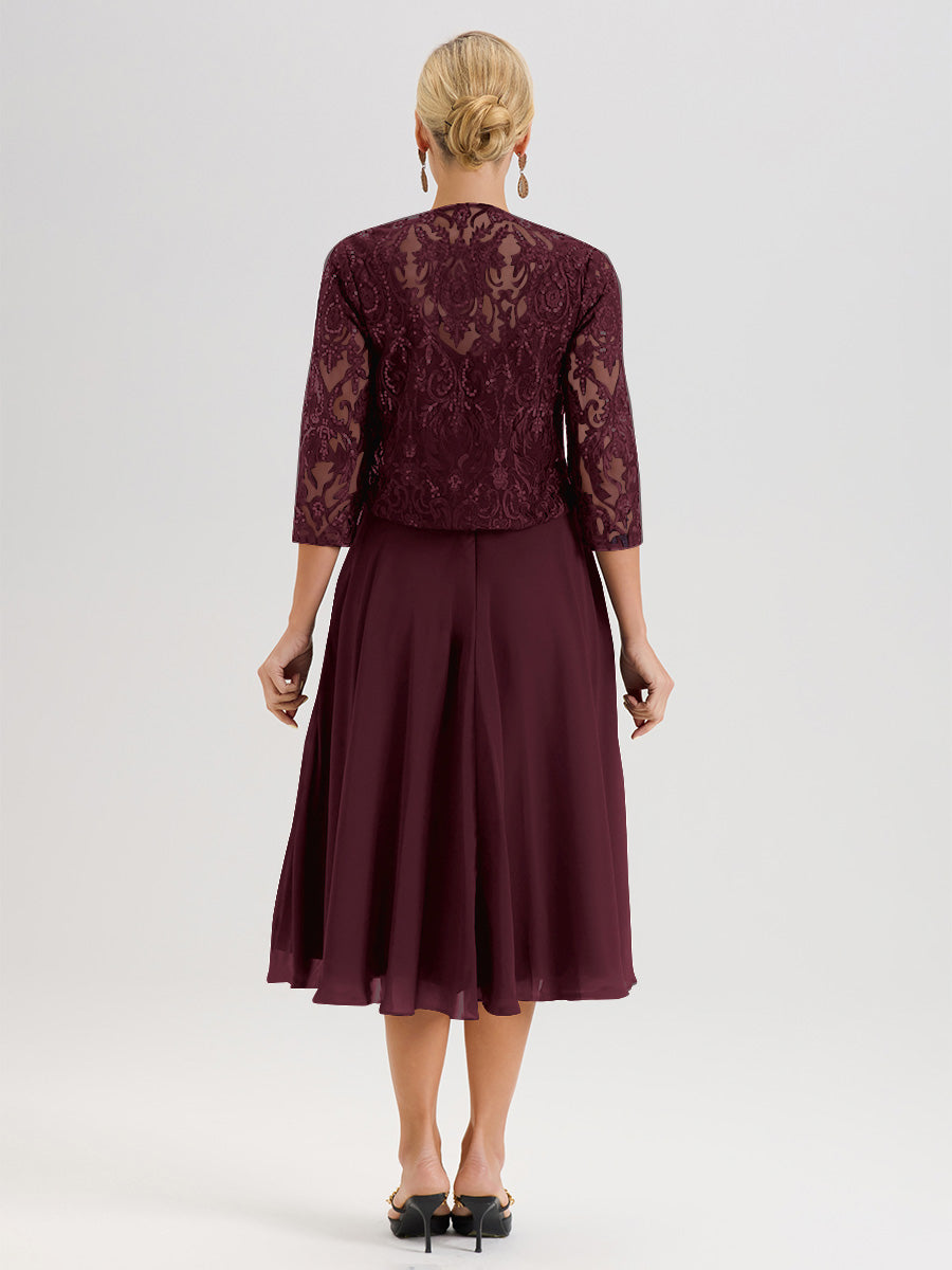 Cicinia Robe Deux-Pièces Mère De La Mariée Cabernet Trapèze Mousseline Dentelle Col Rond Manche 3/4 Longueur Mi-Mollet