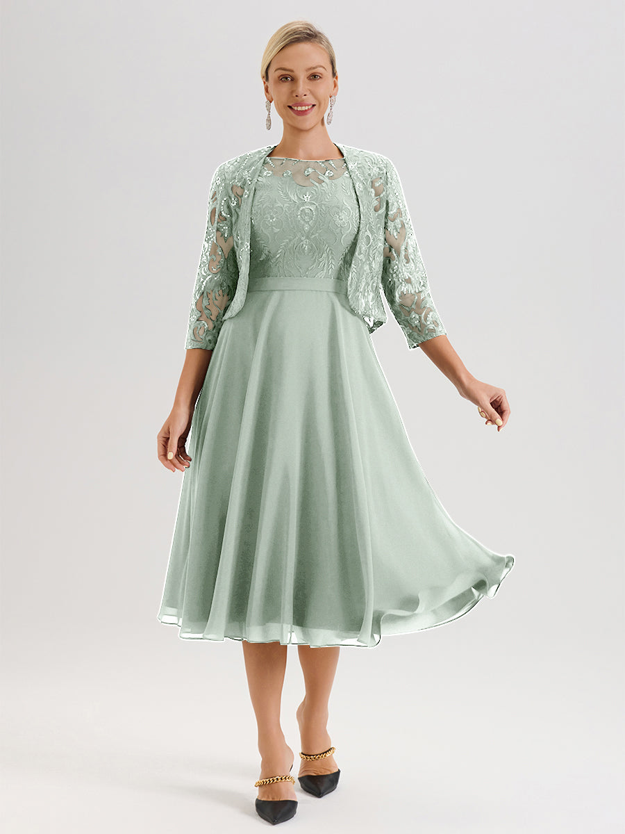 Cicinia Robe Deux-Pièces Mère De La Mariée Celadon Trapèze Mousseline Dentelle Col Rond Manche 3/4 Longueur Mi-Mollet