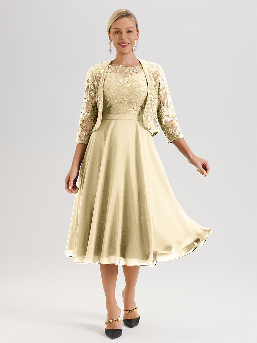Cicinia Robe Deux-Pièces Mère De La Mariée Champagne Trapèze Mousseline Dentelle Col Rond Manche 3/4 Longueur Mi-Mollet