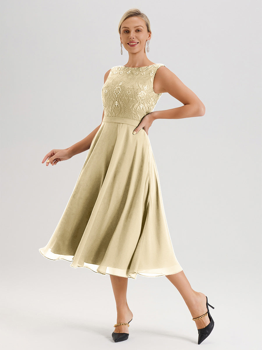 Cicinia Robe Deux-Pièces Mère De La Mariée Champagne Trapèze Mousseline Dentelle Col Rond Manche 3/4 Longueur Mi-Mollet