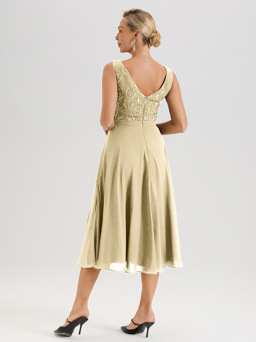 Cicinia Robe Deux-Pièces Mère De La Mariée Champagne Trapèze Mousseline Dentelle Col Rond Manche 3/4 Longueur Mi-Mollet