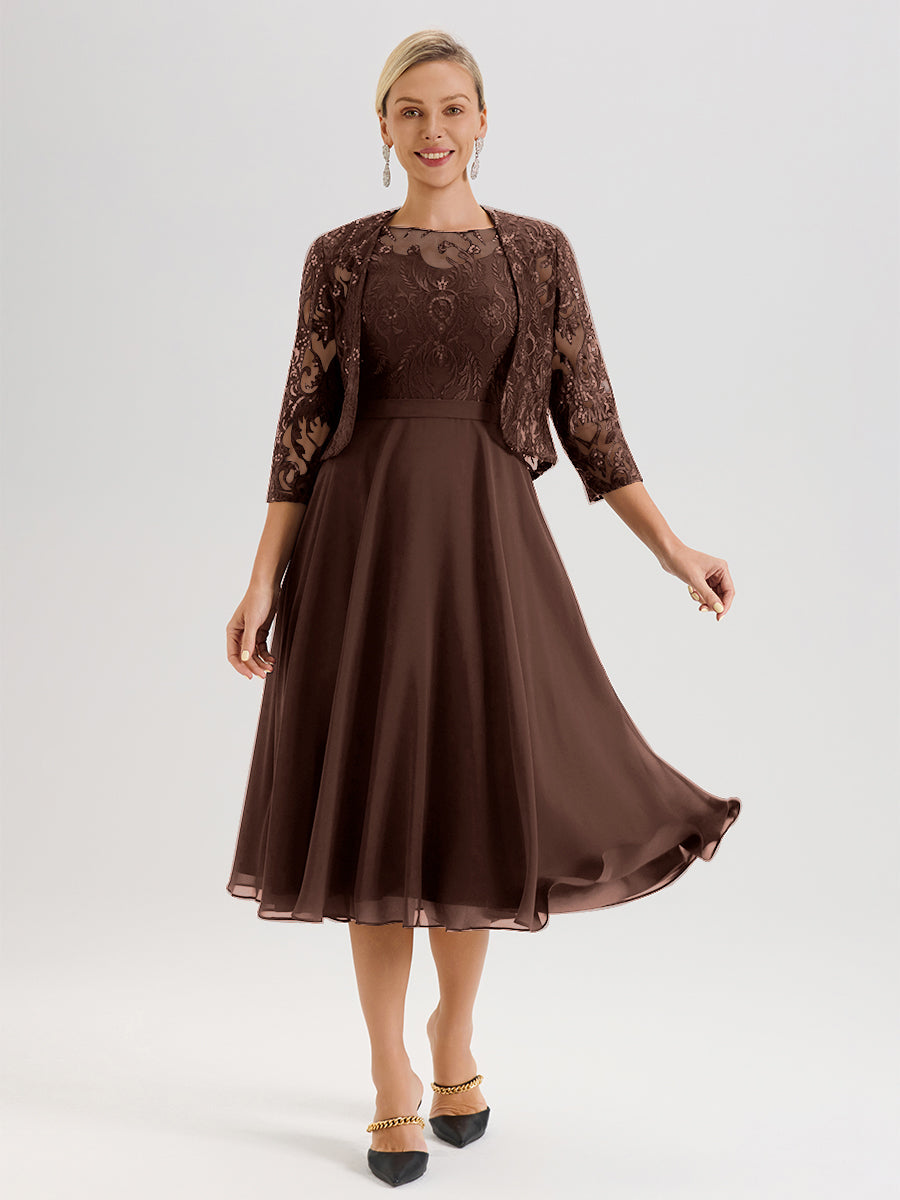 Cicinia Robe Deux-Pièces Mère De La Mariée Chocolat Trapèze Mousseline Dentelle Col Rond Manche 3/4 Longueur Mi-Mollet